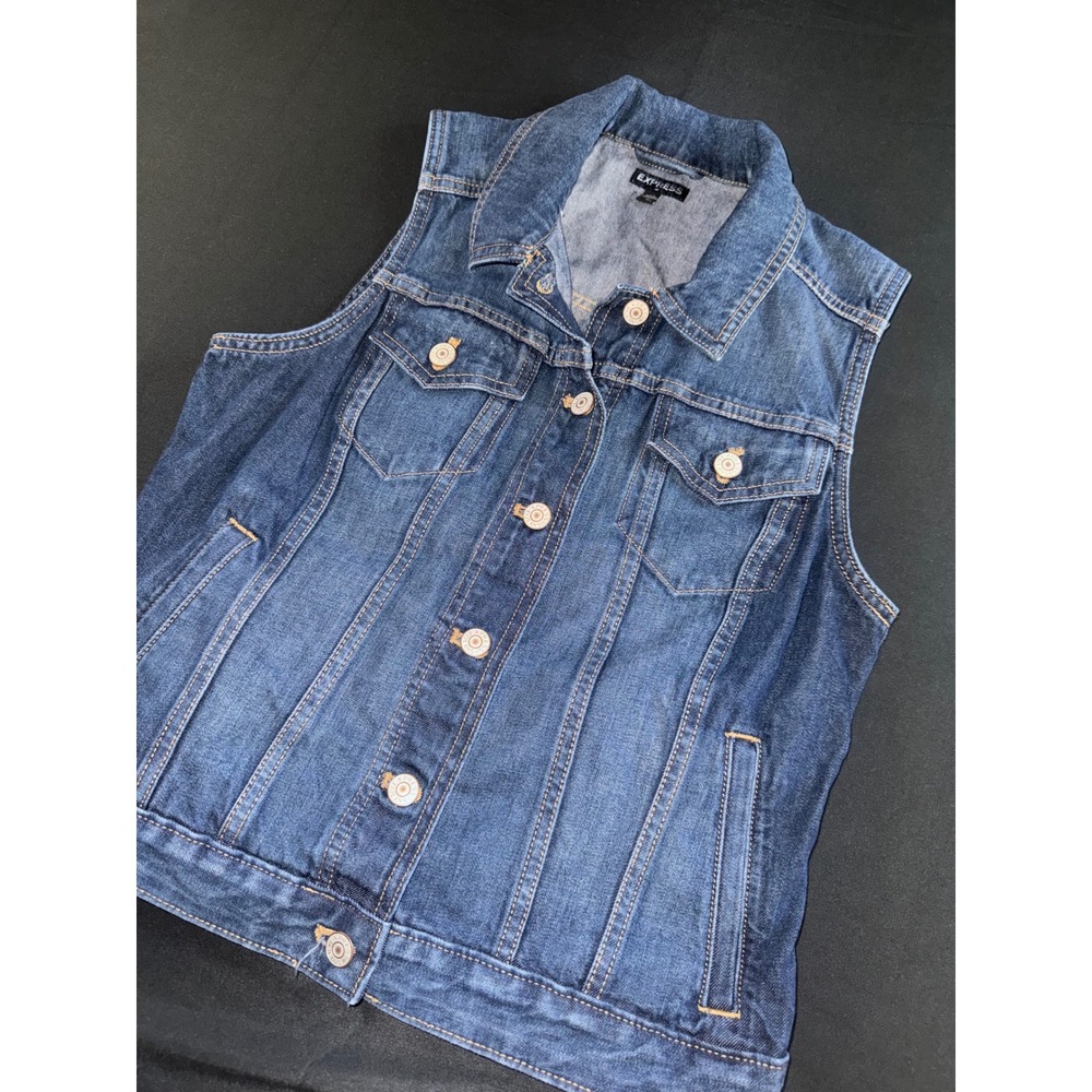 Express Womens Medium Wash Denim Vest Sleeveless Trucker Jacket Blue Size M